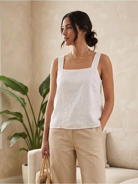 J. Crew Linen Blend Tank XL White Square Neck  Summer Coastal Minimalist